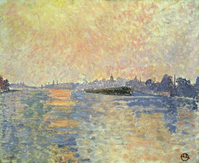 チズウィックでテムズ川に沈む夕日 作： Lucien Pissarro